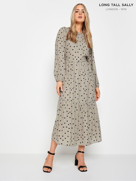 Long Tall Sally Beige Brown Spot Print Tiered Midi Dress (B61752) | £34