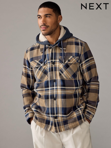 Tan Brown Check Hooded Borg Lined Shacket (B62221) | £72