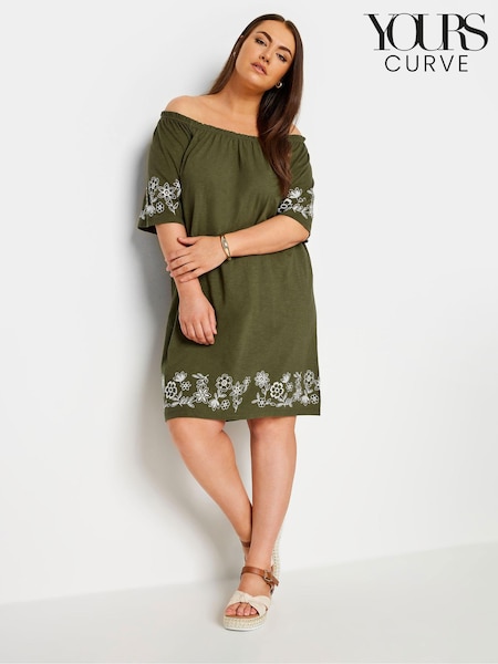 Yours Curve Green 100% Cotton Embroidered Bardot Dress (B62609) | £32
