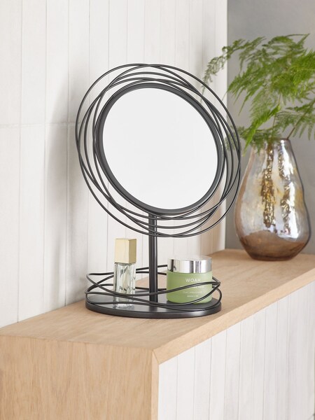 Black Contemporary Wire Round Dressing Table Vanity Mirror (B62625) | £30