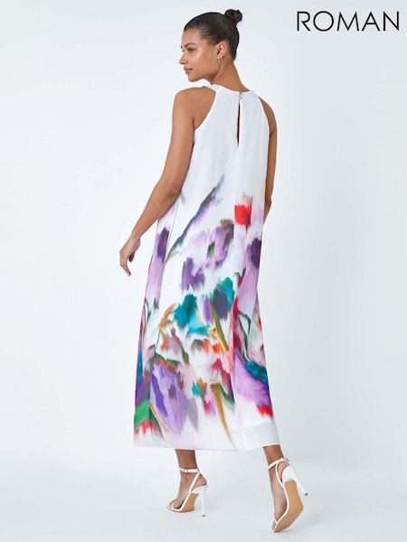 Roman White Abstract Floral Pleat Detail Trapeze Dress (B62854) | £60