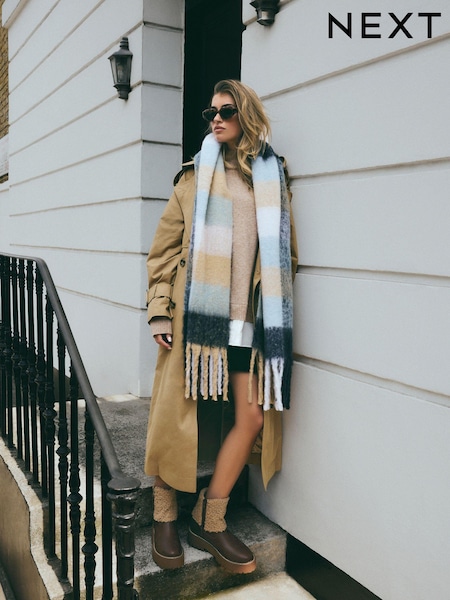 Navy Blue/Camel Brown Check Heavyweight Blanket Scarf (B63309) | £20
