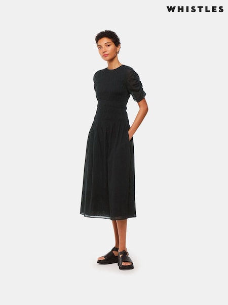 Whistles Black Petite 100% Cotton Smocked Avery Dress (B63643) | £149