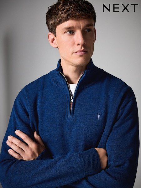 Cobalt Blue Stag Plain Regular Fit 100% Cotton Premium Quarter Zip Jumper (B64314) | £39