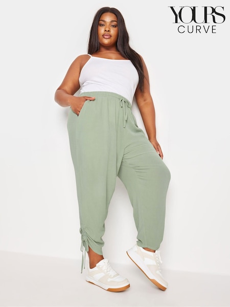 Yours Curve Green Crinkle Ruched Hem Cropped Trousers (B64364) | £25