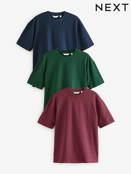 Blue/Burgundy Red/Green Relaxed Fit Heavyweight T-Shirts 3 Pack (B64459) | £45