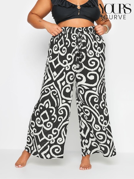 Yours Curve Black Abstract Print Crinkle Tassel Trousers (B64807) | £24