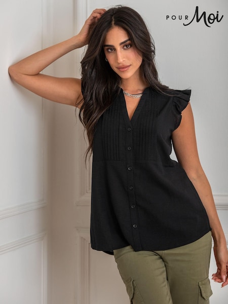 Pour Moi Black Poppy Fuller Bust Woven Longline Frill Sleeve Shirt With Linen (B64817) | £35