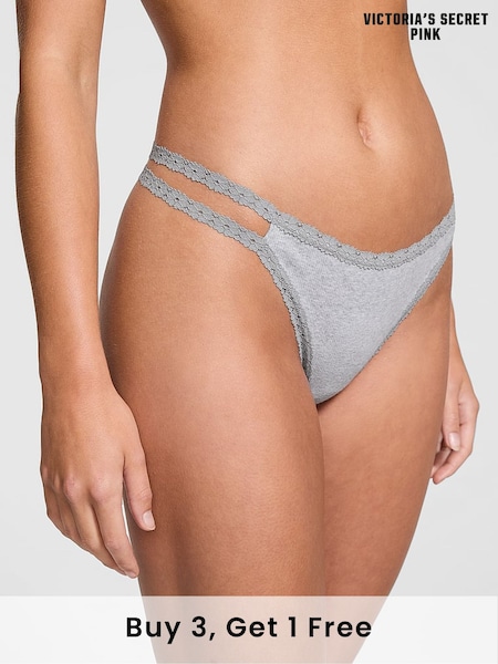 Victoria's Secret PINK Grey Heather Lace Trim Rib Strappy Thong Knickers (B65029) | £9