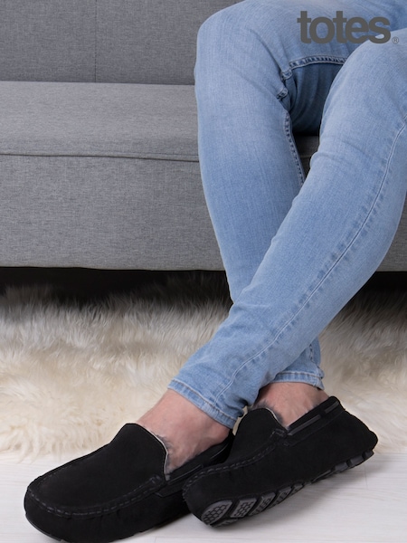 Totes Black Mens Isotoner Real Suede With Closed Stitch Moccasin Slippers (B65395) | £45