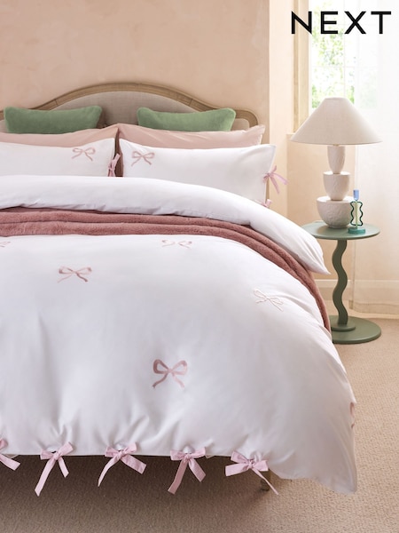 White/Pink Bow Embroidered Duvet Cover and Pillowcase Set (B65776) | £35 - £65