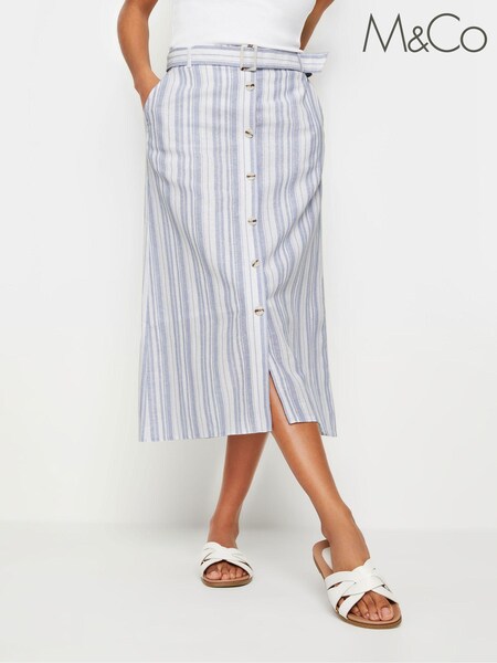 M&Co Blue/White Striped Belted Skirt With Linen (B65843) | £17.50