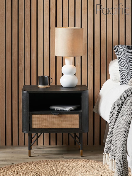 Pacific Black Fiji Acacia Wood and Rattan Bedside Unit (B66378) | £320