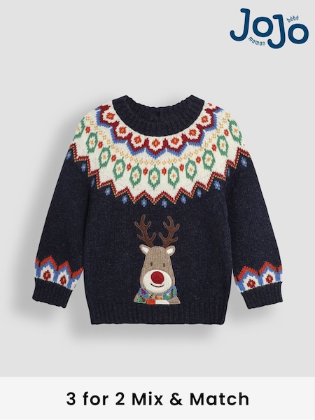JoJo Maman Bébé Navy Reindeer Christmas Reindeer Jumper (B66714) | £18