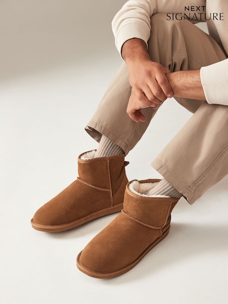Tan Brown Signature Suede Slipper Boots with Faux Fur Lining (B66997) | £35