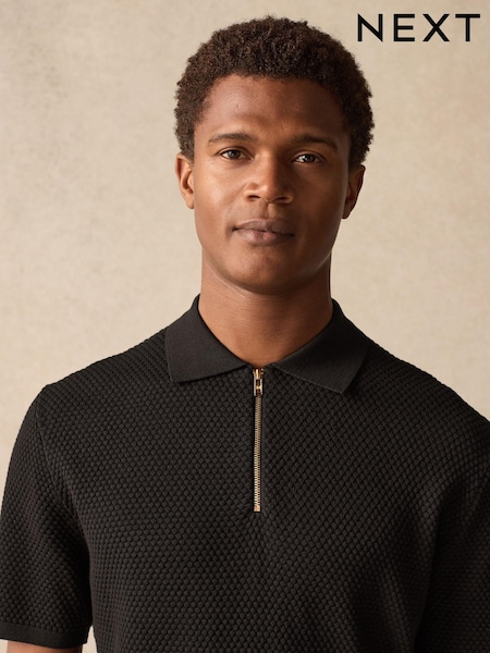 Black Regular Fit 100% Cotton Textured Short Sleeve Knit Zip Polo Shirt (B67317) | £34