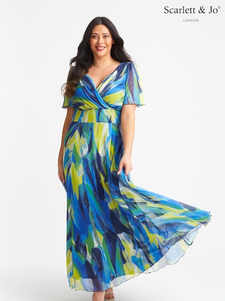 Scarlett & Jo Blue Green Curve Isabelle Angel Sleeve Maxi Dress (B67454) | £95
