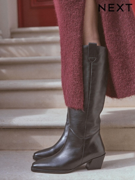 Black Leather Premium Cowboy Knee High Boots (B69024) | £115