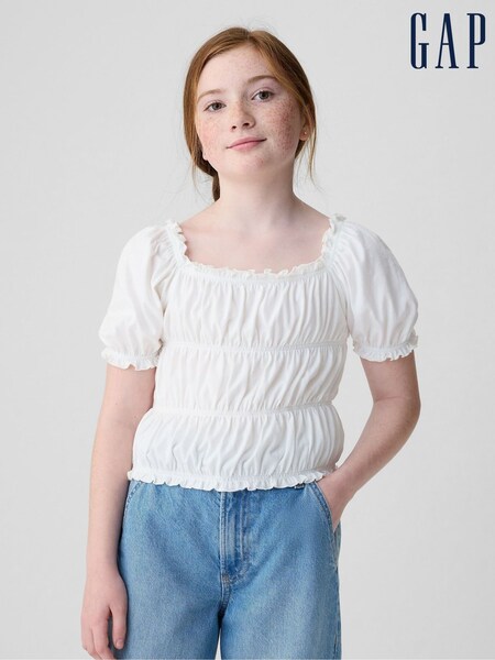 Gap White Square Neck Puff Sleeve Smocked Top (4-13yrs) (B69210) | £4