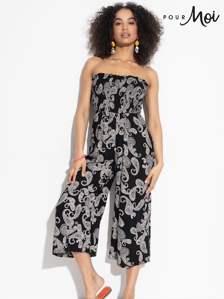Pour Moi Black Strapless Shirred Bodice Crop Leg Beach Jumpsuit (B69442) | £45
