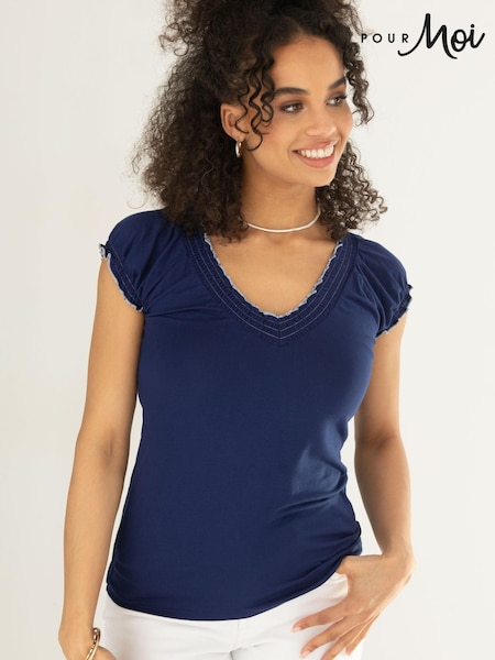 Pour Moi Blue Payton Contrast Stitch Cap Sleeve Stretch Jersey Top (B69668) | £25