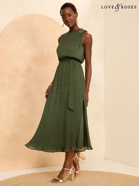 Love & Roses Khaki Green Sleeveless Pleated Belted Midaxi Dress (B69759) | £65