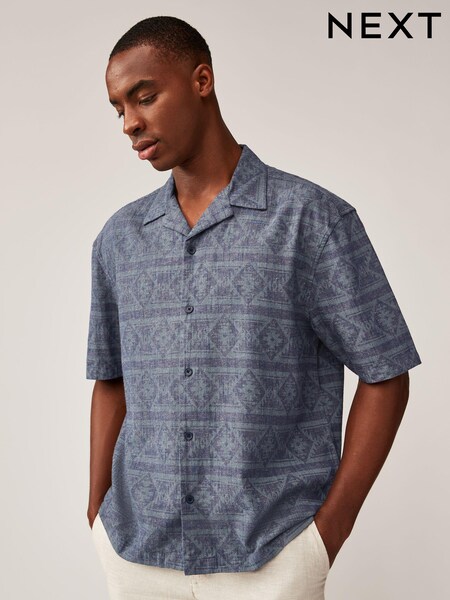 Blue Short Sleeve Navajo Style Printed Shirt with Cuban Collar (B69774) | £12
