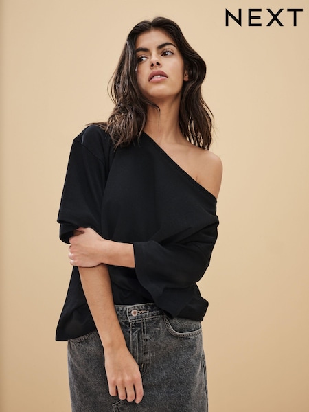 Black Relaxed Fit Boxy 100% Cotton Slouch Shoulder T-Shirt (B70121) | £14