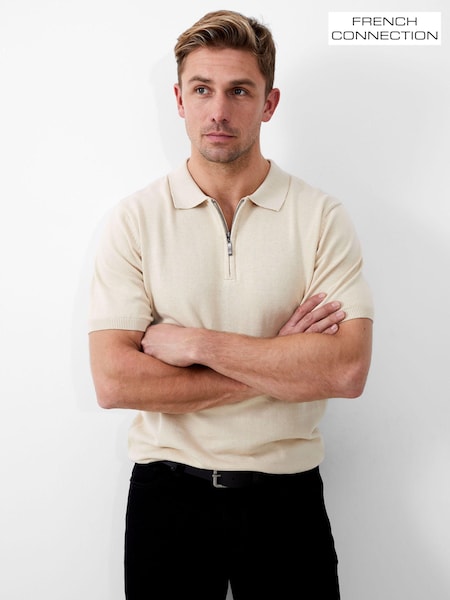 French Connection Natural Short Sleeve Knitted 100% Cotton Polo Shirt (B70192) | £39