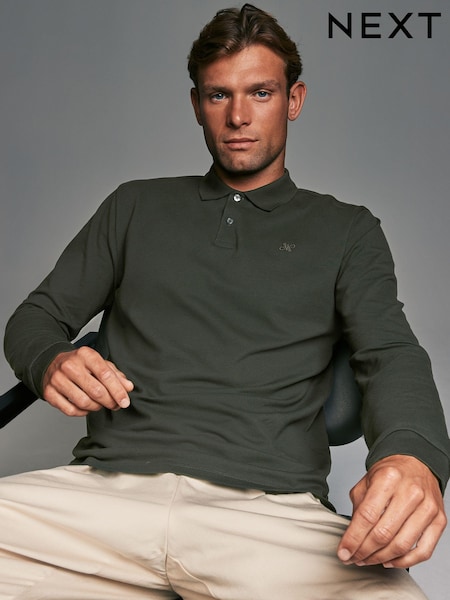 Olive Green Long Sleeve Pique Polo Shirt (B70234) | £22