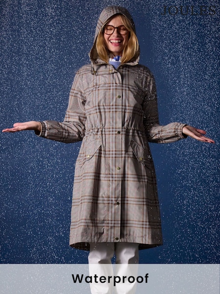 Joules Holkham Tan Check Waterproof Packable Raincoat With Hood (B70479) | £75