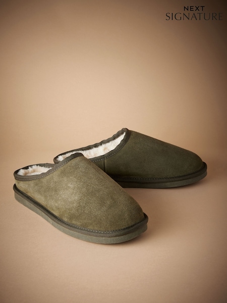 Khaki Green Faux Fur Lined Signature Suede Mule Slippers (B71034) | £15