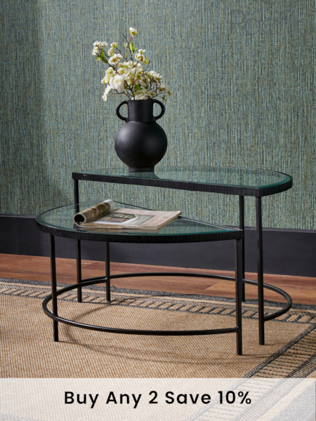 Pacific Glass and Black Metal Half Moon Coffee Tables Set of 2 (B71082) | £365