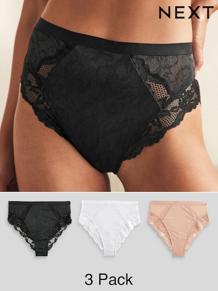 Black/White/Nude High Rise High Leg Lace Trim Knickers 3 Pack (B71193) | £28