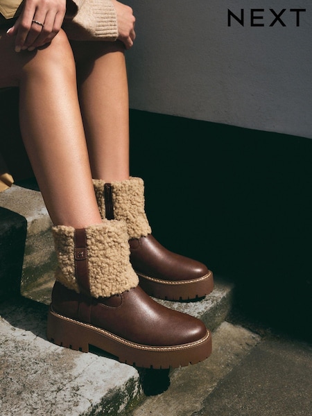 Tan Brown Standard/Wide Fit Forever Comfort® Borg Chunky Ankle Boots (B71269) | £59