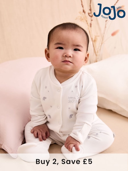 JoJo Maman Bébé White Born In 2025 Embroidered Sleepsuit (B71737) | £21