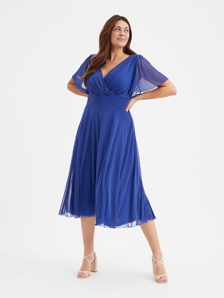 Scarlett & Jo Blue Victoria Angel Sleeve Mesh Midi long Dress (B72084) | £80