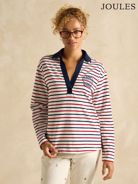 Joules Tallie Navy & Red Stripe Long Sleeve Combed Cotton Collared Top (B72734) | £40