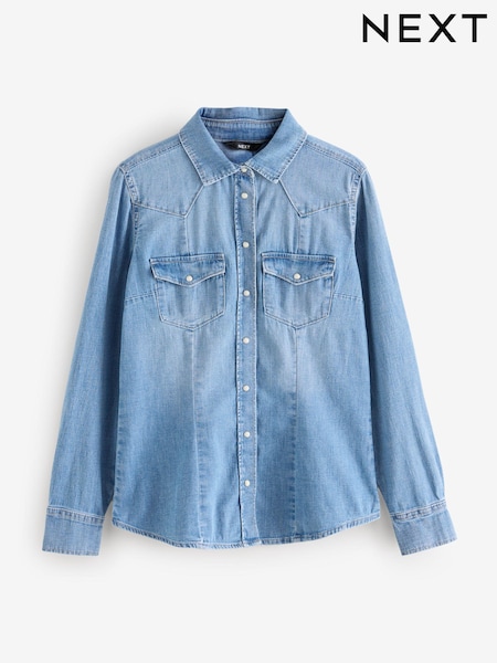 Mid Blue Fuller Bust Seam Detail Fitted Denim Western Shirt (B73088) | £36