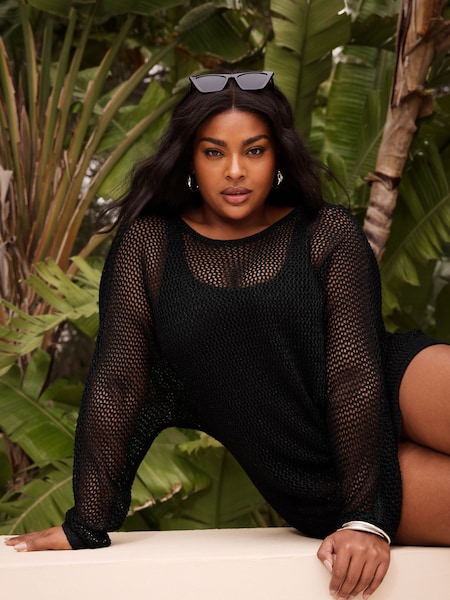 Yours Curve Black Metallic Crochet Jumper (B73145) | £29