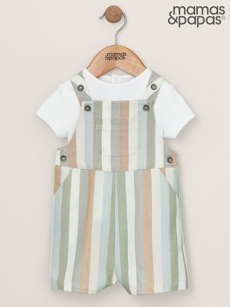 Mamas & Papas Pastel Stripe Woven White 100% Cotton Dungaree Set 2 Piece (B73301) | £29
