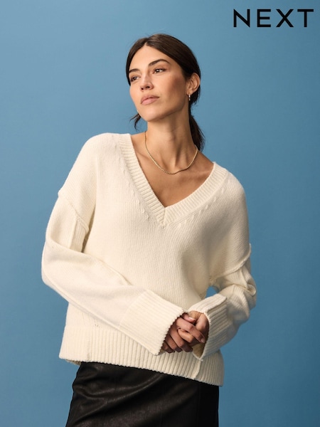 White Ecru Seam Detail V-Neck Knitted Jumper (B73476) | £19