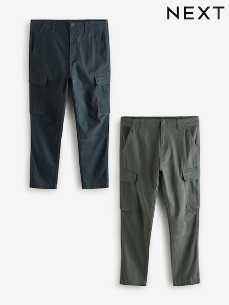 Charcoal Grey/Navy Blue Slim Fit Cotton Rich Stretch Cargo Trousers 2 Pack (B73491) | £58