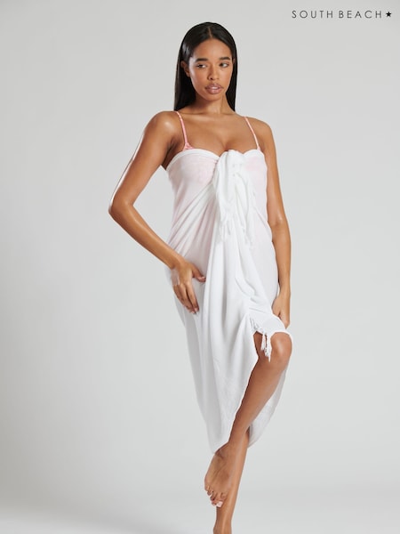 South Beach White Crinkle Viscose Fringed Sarong Cover-Up (B73791) | £22