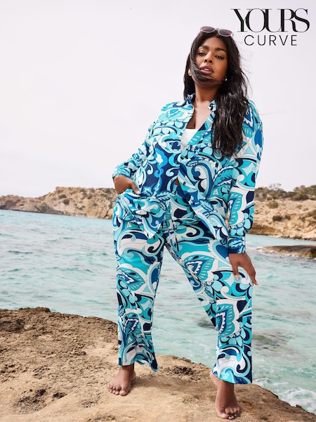 Yours Curve Blue Leaf Print Drawstring Wide Leg Trousers (B73920) | £25