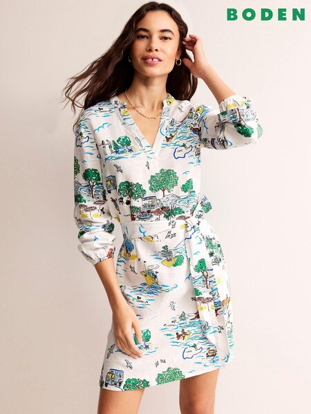 Boden Cream Cleo 100% Linen Tie Waist Dress (B74215) | £49