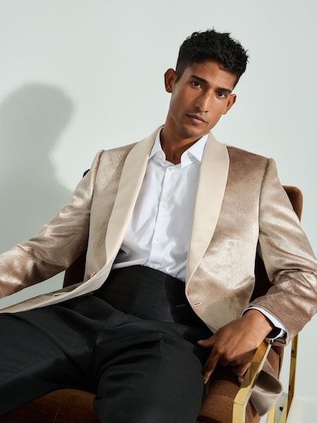Champagne Gold Regular Fit Patterned Velvet Blazer (B74263) | £36