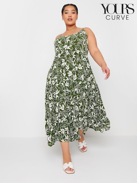 Yours Curve Green Leaf Print Crinkle Tiered Maxi Dress (B74396) | £32