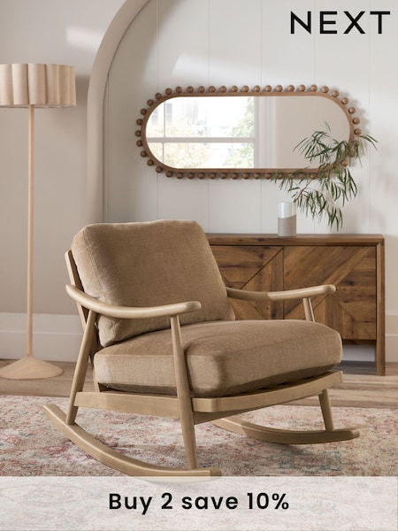Fine Chenille Sand Natural Light Oak Effect Frame Hampton Rocking Wooden Rocking Chair (B74517) | £375