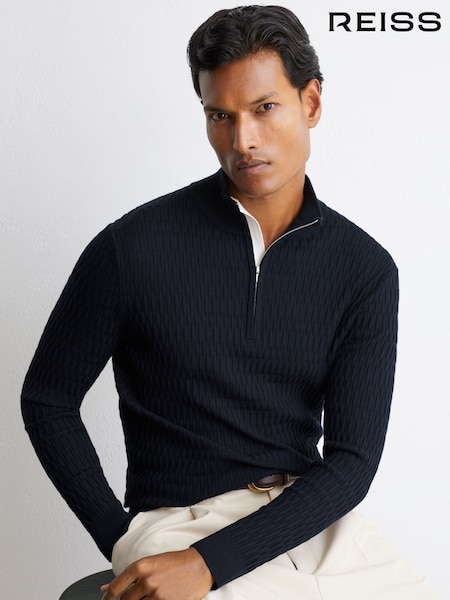 Navy - Regular Reiss Idol Textured-knit Half-zip Jumper